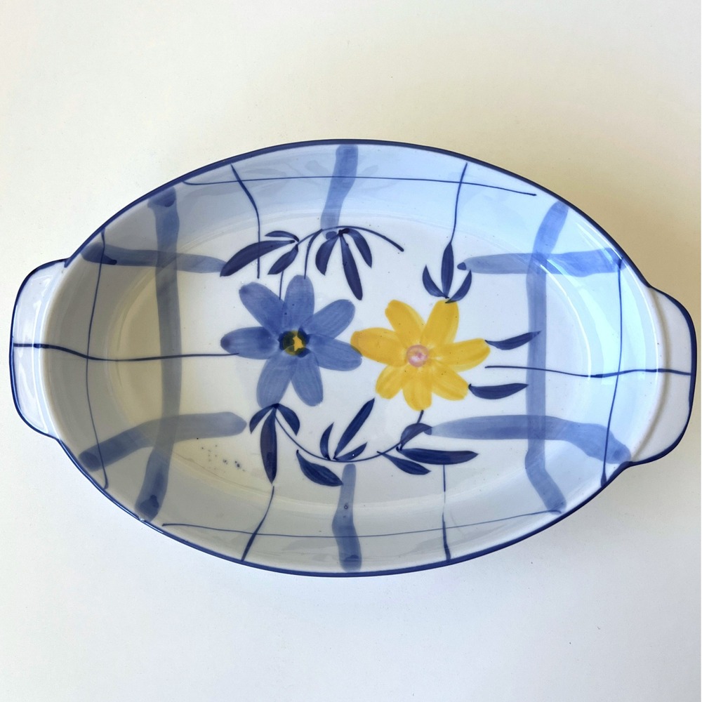 Blue Yellow Floral Oval Ceramic Serving Bowl Platter with Handles 12"